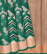 Sea Green Handloom Tussar Silk Saree With Printed Bird Motifs-Sea Green