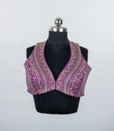 Purple Embroidered Blended Raw Silk Readymade Back String Sleeveless Blouse RB5206