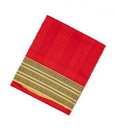 Red Handloom Kora Silk Saree With Checks & Beige Border