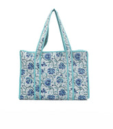 Off White Bagru Printed Handmade Cotton Quilted Tote Bag With Zipper-ACS1041