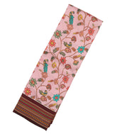 Baby Pink Handloom Silk Saree With Printed Bird Motifs & Contrast Border-PS0541