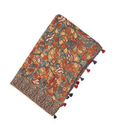 Beige Handloom Tussar Silk Saree With Printed Kalamkari Motifs-TU2886