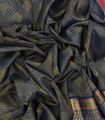 Indigo Handloom Silk Saree With Japanese Sashiko Patterns & Mount Fuji Pallu-KA12636