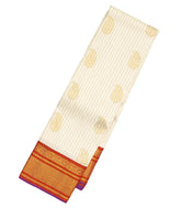 Off White Handloom Korvai Kanchipuram Silk Saree With Stripes & Buttas-KA12960