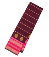 Maroon Handloom Korvai Kanchipuram Silk Saree With Zari Stripes & Contrast Border-KA12670