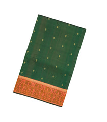 Dark Green & Sunset Orange Sashiko Reversible Handloom Silk Saree Japanese Inspired Border & Pallu-KA12637