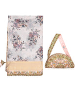 Off White Woven Fuchsia Georgette Digital Printed Saree With Embroidered Motifs & Handbag-BL3803
