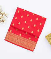 Red Banarasi Silk Saree With Floral Zari Buttas