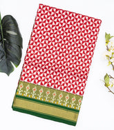 Red Handloom Ikat Silk Saree With Contrast Green Border