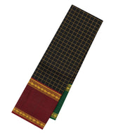 Black Handloom Kanchipuram Silk Saree With Checks & Ganga Jamuna Border -KA13814
