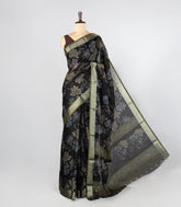 Black Woven Art Linen Saree With Printed Floral Motifs and olive Green Border-BL4675