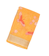 Orange Handloom Linen Saree With Printed Bird Motifs