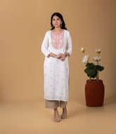 Off-White and Pink Embroidered Casual Kurta-KR0832