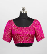 Rani Pink Blended Silk Readymade Saree Blouse with Floral Paisley Zari Weave-RB5282