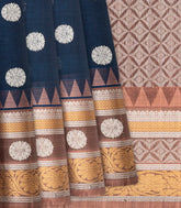 Navy Blue Handloom Chirala Silk Cotton Saree With Kamalam Motifs-Navy Blue