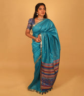 Turquoise Woven Art Tussar Silk Saree With Jasmine Bud Motifs-BL3924