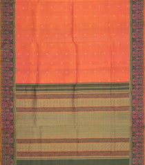 Dark Green & Sunset Orange Sashiko Reversible Handloom Silk Saree Japanese Inspired Border & Pallu-KA12637