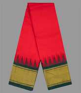 Red Handloom Korvai Swami Silk Vasthiram With Green Thazampoo Rekku Border 24 x 12