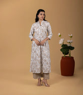 Off-White and Beige Floral Printed Kurta: KR0840