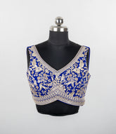 Blue Embroidered Blended Raw Silk Readymade Sleeveless Blouse RB5208
