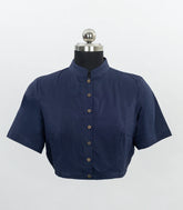 Navy Blue Chinese Collar Cotton Blouse-RB5232