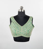 Green Embroidered Blended Raw Silk Readymade Sleeveless Blouse RB5209