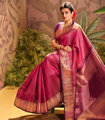 Crimson Handloom Lino Checks Silk Saree Coin Buttas