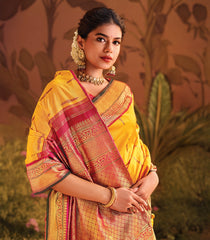 Mango Yellow Handloom Korvai Silk Saree With Meena Lotus Buttas