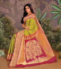 Pastel Green Handloom Natural Dyed Silk Saree With Tree of Life Pallu