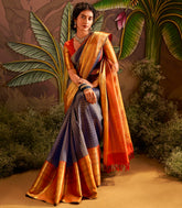 Indigo Handloom Natural Dyed Tanjore Revival Silk Saree With Seer Border