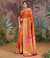 Rust & Green Handloom Silk Saree With Stripes & Muthu