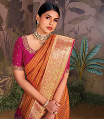 Rust & Green Handloom Silk Saree With Stripes & Muthu