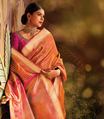 Rust & Green Handloom Silk Saree With Stripes & Muthu