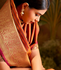 Rust & Green Handloom Silk Saree With Stripes & Muthu