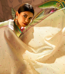 White Handloom Lino Silk Saree With Meena Buttas