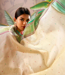 White Handloom Lino Silk Saree With Meena Buttas