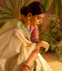 White Handloom Lino Silk Saree With Meena Buttas