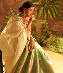 White Handloom Lino Silk Saree With Meena Buttas