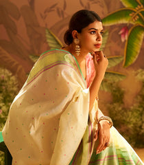 White Handloom Lino Silk Saree With Meena Buttas