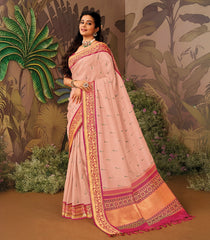 Peach Fuzz Handloom Natural Dyed Silk Saree With Muniya Buttas