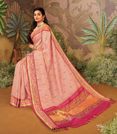 Peach Fuzz Handloom Natural Dyed Silk Saree With Muniya Buttas