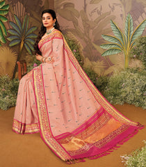 Peach Fuzz Handloom Natural Dyed Silk Saree With Muniya Buttas
