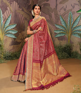 Crimson Handloom Natural Dyed Silk Saree With Zari Checks & Traditional Motifs