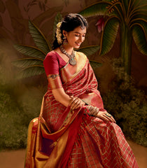 Crimson Handloom Natural Dyed Silk Saree With Zari Checks & Traditional Motifs