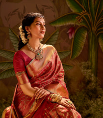 Crimson Handloom Natural Dyed Silk Saree With Zari Checks & Traditional Motifs