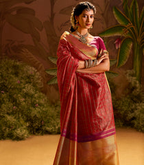 Crimson Handloom Natural Dyed Silk Saree With Zari Checks & Traditional Motifs