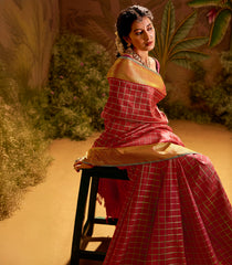 Crimson Handloom Natural Dyed Silk Saree With Zari Checks & Traditional Motifs