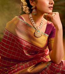 Crimson Handloom Natural Dyed Silk Saree With Zari Checks & Traditional Motifs