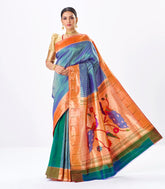 Blue Handloom Paithani Silk Saree With Stripes-Blue