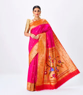 Hot Pink Handloom Paithani Silk Saree With Zari Coin Buttas-Red